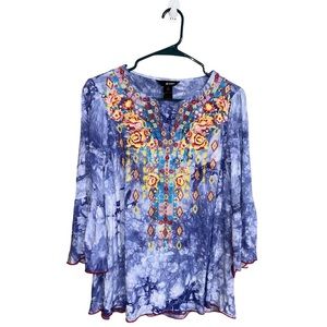 Ali Miles Tie-Dye Purple Floral Embroidered Blouse